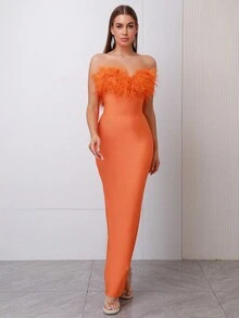 Modphy Váy dạ hội tiệc cưới nữ thanh lịch quyến rũ không tay trễ vai hở lưng dáng dài đính lông giả - trái cam - Xem 4