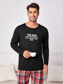 Men's Casual Homewear Top With Letter Print - Black - View 3
