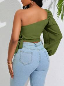 VaVaBold 女士單肩蓬蓬袖側結襯衫 - 軍綠色 - 查看 2