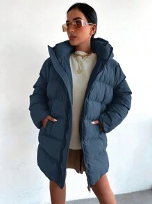 EURMUSE Women'S Blue Padded Hooded Padded Jacket - Navy Blue - View 1