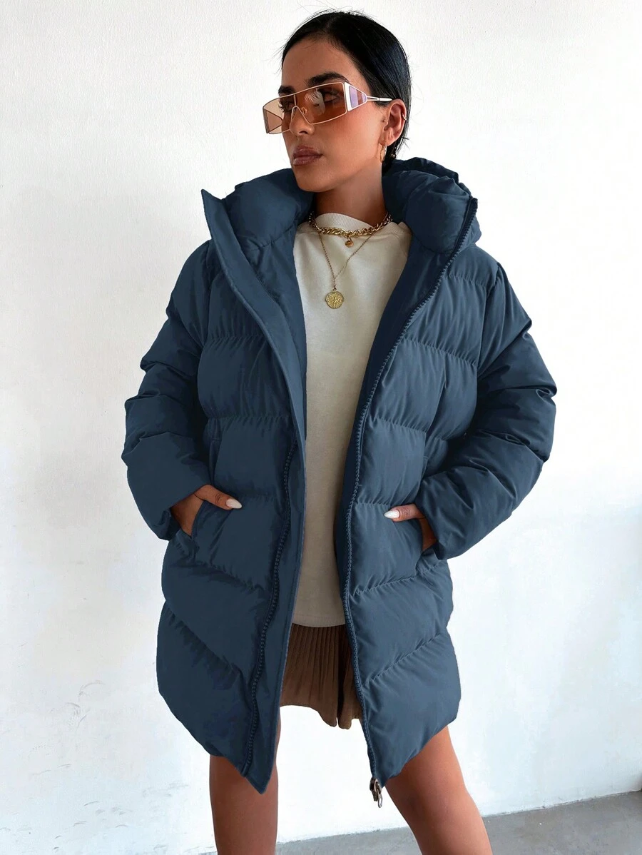 EURMUSE Women'S Blue Padded Hooded Padded Jacket - Navy Blue - View 1