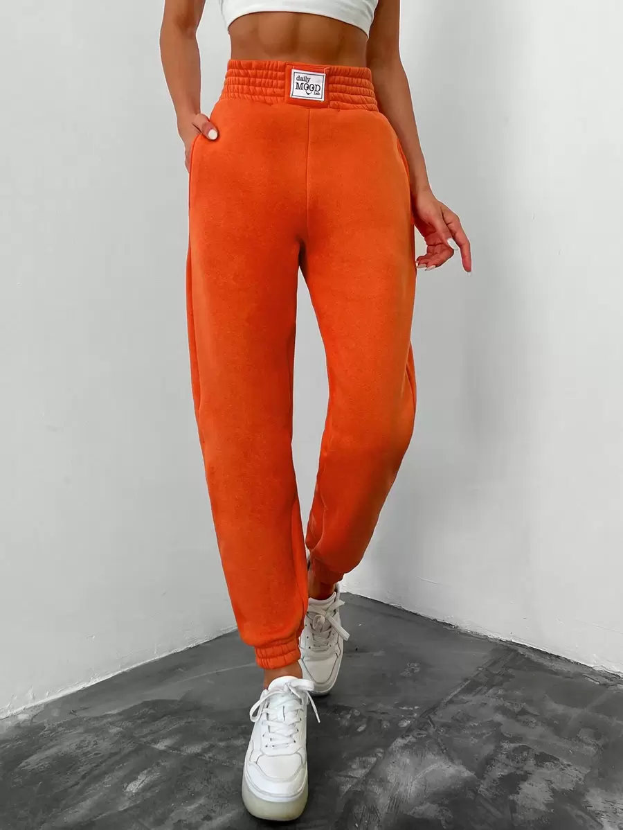 RueChic Letter Patched Detail Slant Pocket Joggers - Burnt Orange - View 1