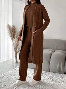 SHEIN 3 cái/bộ Quý cô Màu thuần Đồ đan Ribbed Áo len Bộ - màu nâu - Xem 5