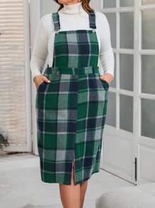 SHEIN LUNE Plus Size Casual Plaid Overall Dress For Autumn & Winter - Green - View 3