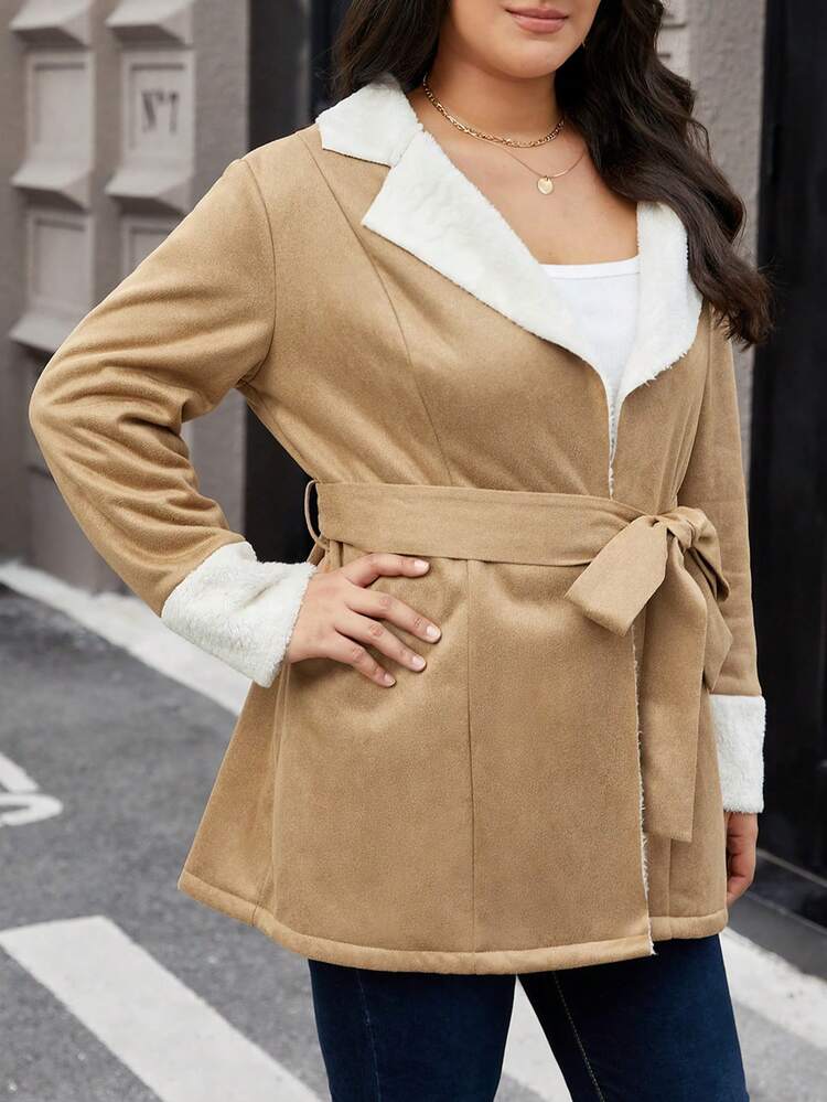 Plus Size Sheepskin Patchwork Suit Collar Coat With Belt