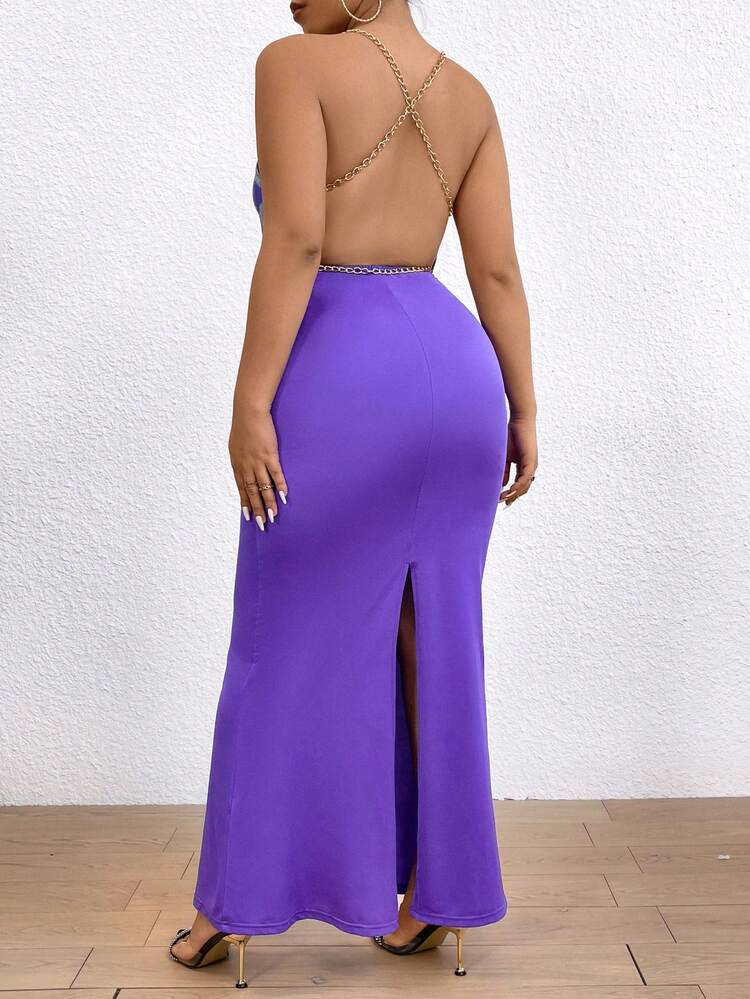 Women'S Plus Size Draped Neck Chain Strap Split Dress