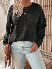 SHEIN LUNE 女士大碼純色圓領下垂肩運動衫 - 黑色 - 查看 4