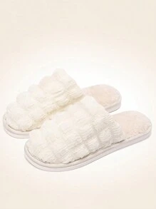 女式室內白色舒適毛茸茸保暖防滑家居拖鞋 - 白色 - 查看 3