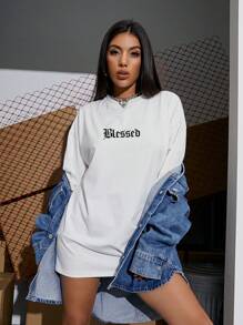 SHEIN Unity 女性長款t恤,印有文字 - 白色 - 查看 5