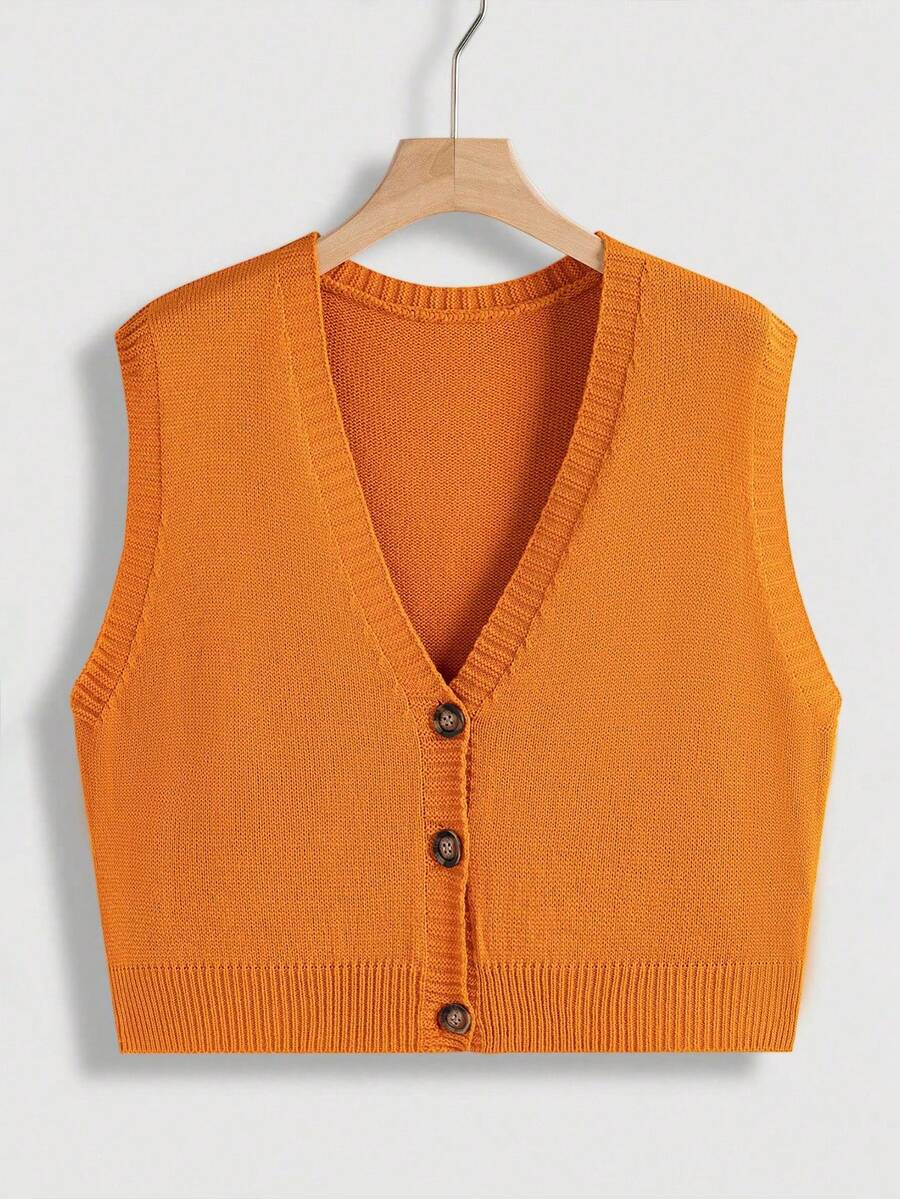 Flirla Plus Button Front Sweater Vest - Orange - View 1