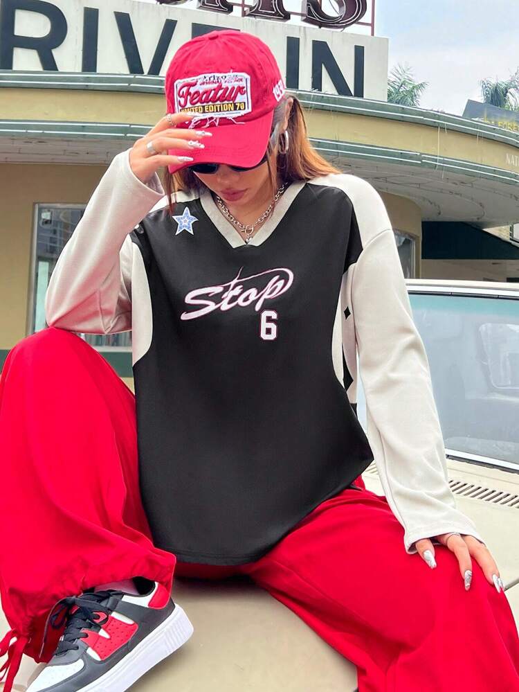 Letter & Star Printed Women's Raglan Long Sleeve T-shirt