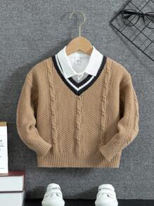 SHEIN 童裝男童v領針織毛衣,帶鈕扣領口 - 卡其色 - 查看 1