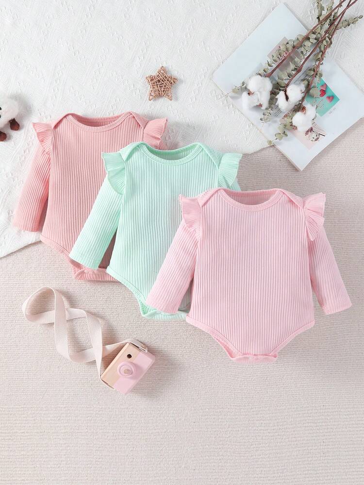 Baby Girls' 3pcs Ruffle Edge Design Ribbed Jumpsuits Home Outfits