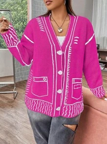 SHEIN Qutie Plus Size Women'S Striped Drop Shoulder Cardigan Sweater - Hot Pink - View 3