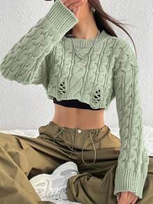 SHEIN Unity 女士短款綠色電纜紋毛衣 - 綠色 - 查看 1