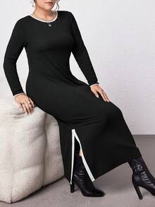 SHEIN Essnce Kích thước lớn Không đối xứng Và Viền chia cắt Đầm Với - Đen và trắng - Xem 6