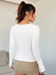SHEIN EZwear Autumn And Winter White Lace Trim Scoop Neck Wide Ribbed Knitting Slim Fit Long Sleeves Crop Top - White - View 2
