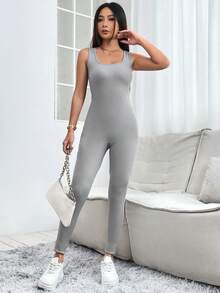 SHEIN PETITE Của phụ nữ Cổ vuông Không tay Thon gọn Áo liền quần - Xám - Xem 6