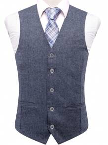 Men Plus Button Front Waistcoat Without Shirt - Dusty Blue - View 1
