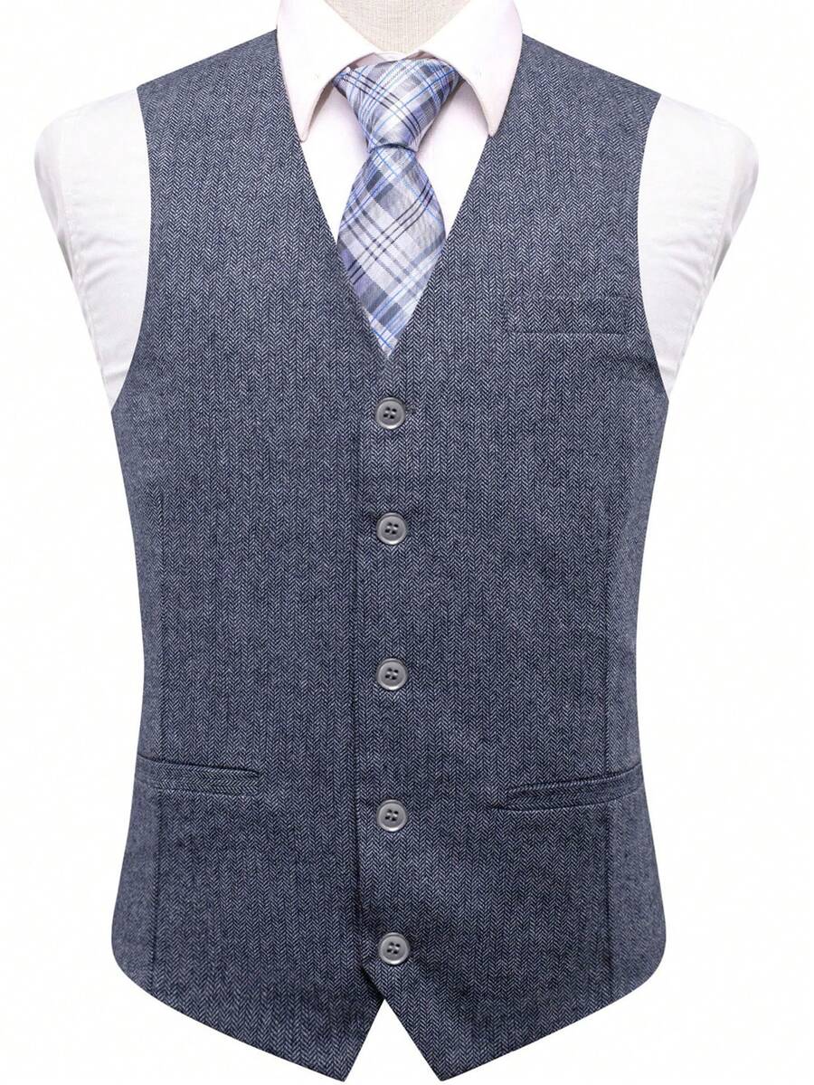 Men Plus Button Front Waistcoat Without Shirt - Dusty Blue - View 1