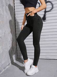 SHEIN EZwear 拉绒面料保暖高腰紧身牛仔裤加厚牛仔布 - 黑色 - 查看 4
