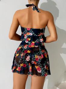 Women's Flower Print Halter Neck Bikini Set With Matching Bottoms Summer Beach - Multicolor - View 2