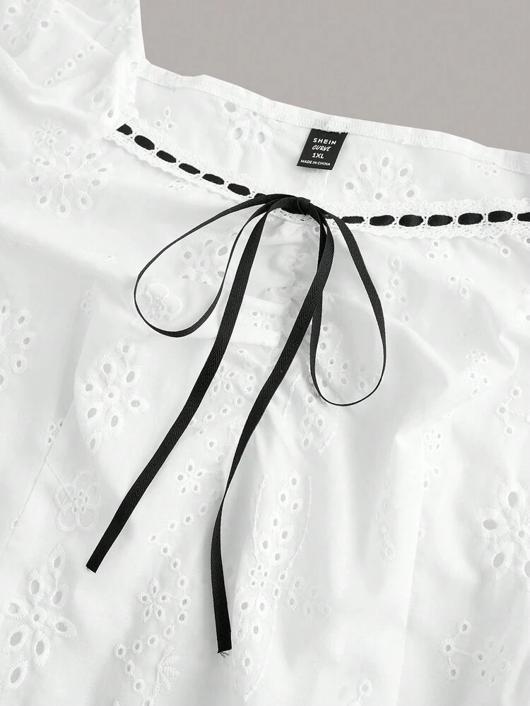 Plus Size Hollow Embroidered Lace-Up Shirt