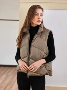SHEIN Unity 女士无袖加厚棉服冬季拉链棉衣 - 卡其色 - 查看 3