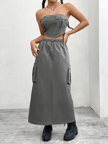 SHEIN EZwear 女性貨物式無肩帶上衣配襯褲套裝 - 灰色 - 查看 5