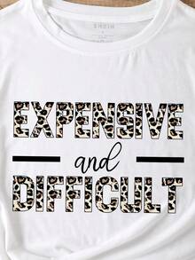 SHEIN LUNE 女士字母及豹紋印花短袖t恤 - 白色 - 查看 3