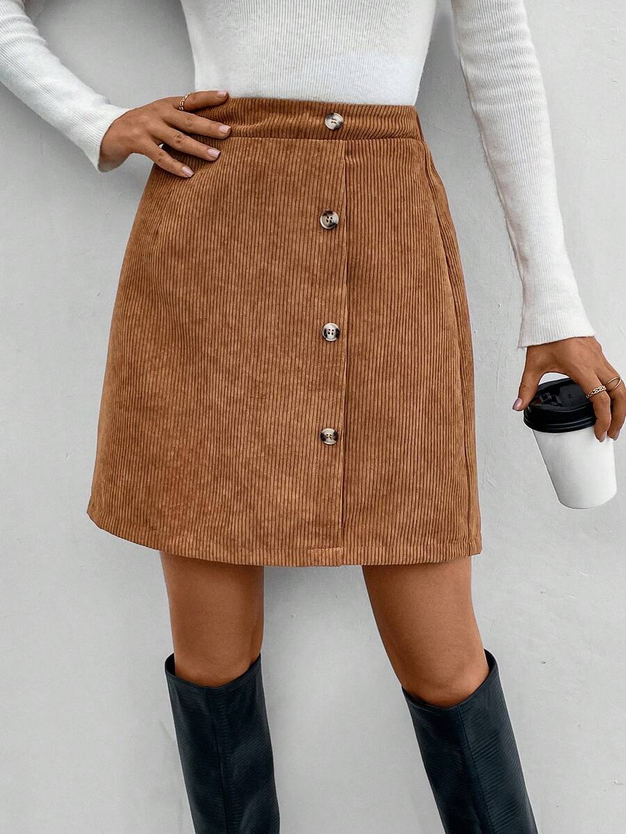 SHEIN LUNE 女式單排扣a字裙 - 棕色 - 查看 1