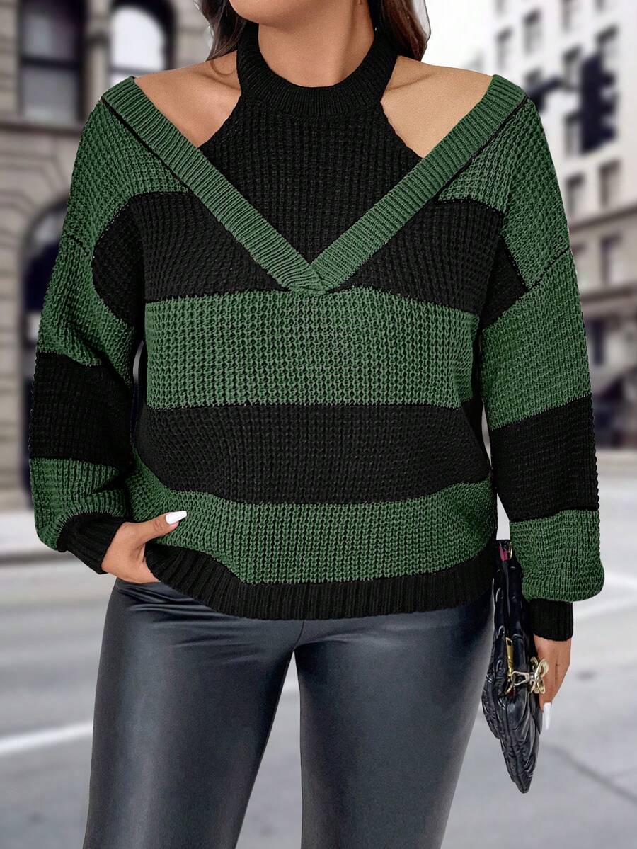 SHEIN CURVE+ Plus Size Women'S Striped Cold Shoulder Sweater - Multicolor - View 1