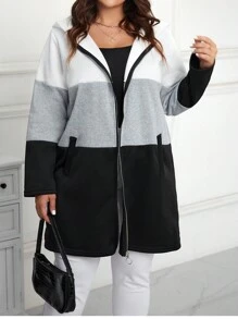 SHEIN LUNE 女裝大尺碼色塊拉鍊前方帽子外套 - 彩色 - 查看 3