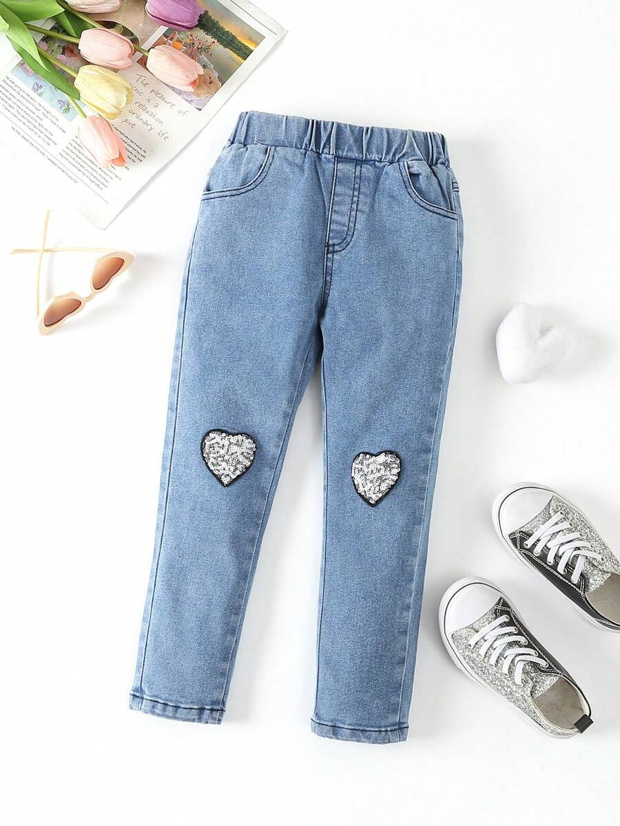 幼童女孩閃閃發光的心形修補牛仔褲 - 淺色水洗藍 - 查看 1