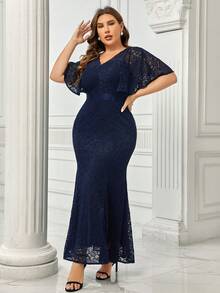 MIUSOL 大码全蕾丝蝴蝶袖美人鱼正式晚会礼服 - 藏蓝色 - 查看 6