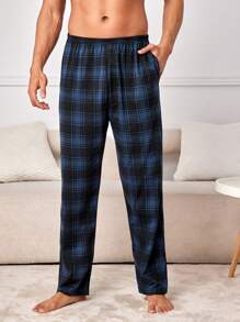 Męskie spodnie do spania w kratę w kolorze królewskiego błękitu, z kieszeniami, z materiału o średniej elastyczności, wygodne, do noszenia w domu, na jesień