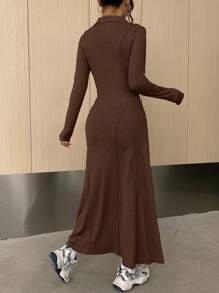 SHEIN EZwear レディース 無地 ハーフボタン フロント ニットワンピース - コーヒー - チェックする 2