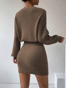 SHEIN LUNE Women's Solid Color Knitted Shirt Collar Dress With Button Detail & Cinching Waist