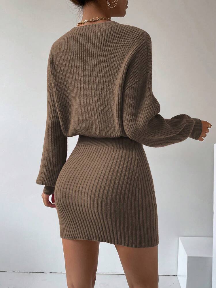 Women's Solid Color Knitted Shirt Collar Dress With Button Detail & Cinching Waist Fall Winter Cloth For Women