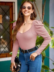 SHEIN Clasi Của phụ nữ Áo thun Với Tay áo chân cừu Và Hình trái tim Đường viền cổ áo - Bụi hồng - Xem 6