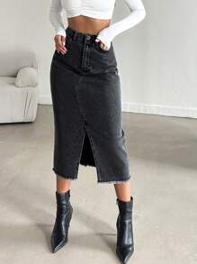 EURMUSE High Waist Split Thigh Denim Skirt - Black - View 5