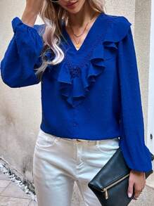 SHEIN Clasi Của phụ nữ Chấm Swiss Tay áo lồng đèn Áo sơ mi Với Xù Hoa Sen - Màu xanh lam - Xem 1