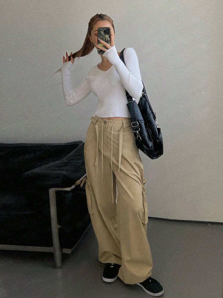 Women's Loose Fit Long Pants With Large Pockets And Belt