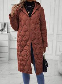 SHEIN LUNE Áo khoác có mũ trùm đầu có khóa kéo phía trước dành cho nữ Quần áo mùa đông - màu nâu - Xem 5
