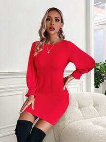 Chiquease Tie Backless Lantern Sleeve Bodycon Dress Fall Cloth For Women - Red - View 4