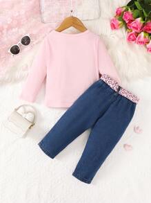 Baby Girls' Personality Printed Long Sleeve Top And Denim Pants Set
