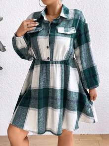 Calvaya Women's Plus Size Grid Print Lantern Sleeve Dress - Green - View 3