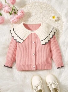 Infant Girls' Contrast Color Turn-down Collar Cardigan - Pink - View 1