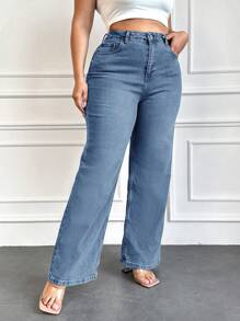 EURMUSE Plus Size  High Waist Straight Leg Jeans - Navy Blue - View 1