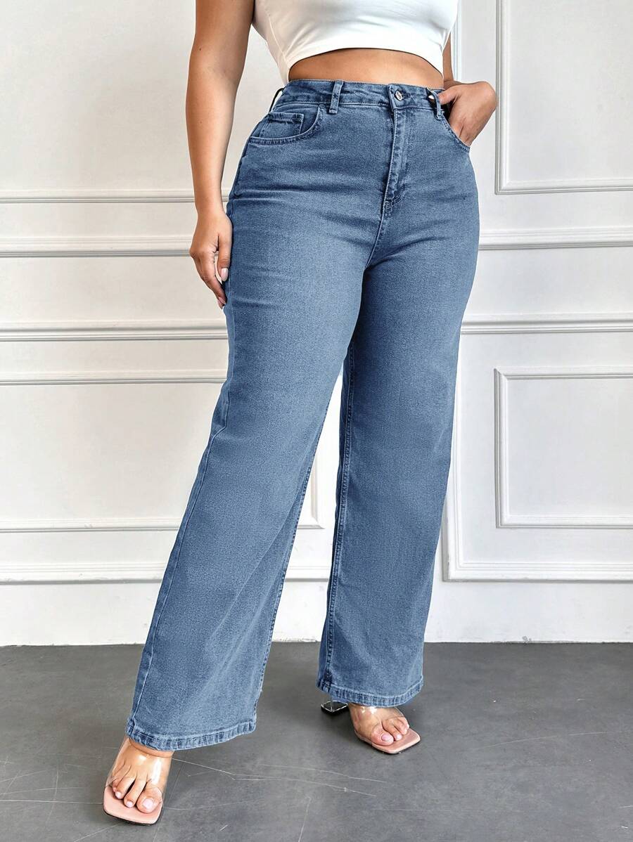 EURMUSE Plus Size High Waist Straight Leg Jeans - Navy Blue - View 1